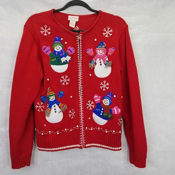 Crystal Kobe Christmas Sweater Women's M Zip Cardigan Snowman Snowflake Bead VTG - Picture 1 of 16